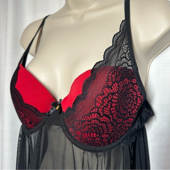 Daisy Fuentes Negligie Black Red Sexy Sheer Lace Size L Babydoll Fairy Nightgown - Picture 2 of 10